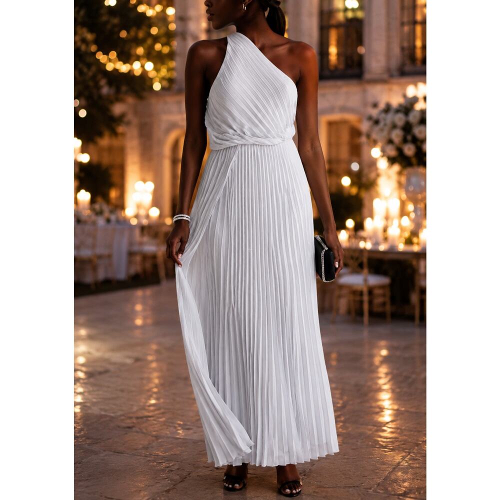 Express One Shoulder Pleated Maxi Dress White XL NWT Elegant Formal